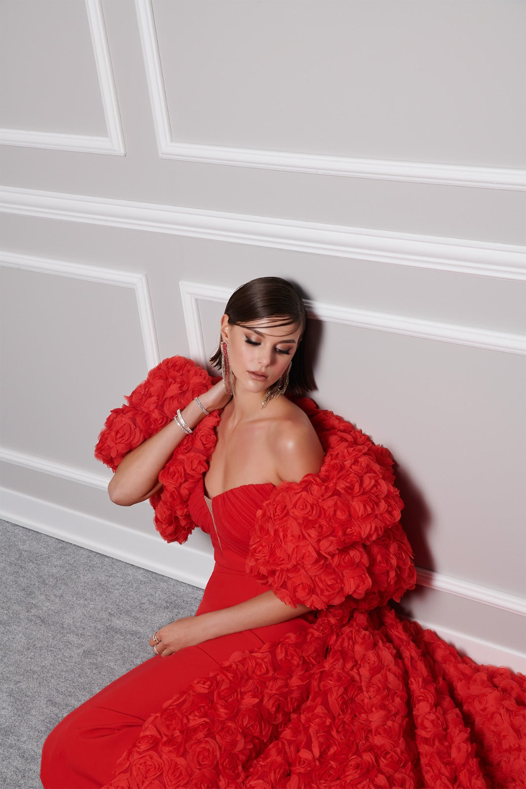 【美品】ANDRESD kana detached sleeve dress Red Strapless Dress with Embroidered Cape | Fouad Sarkis 2821