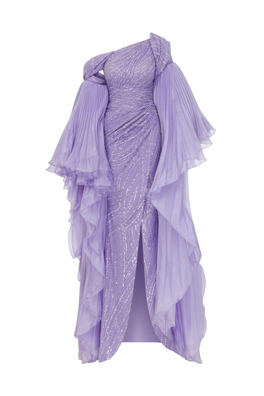 Fouad Sarkis 2816a - Payet Dress with Asymmetrical Cut