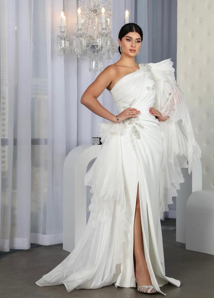 Fouad Sarkis 2801 | Crepe & Organza Gown with Ruffled Shoulder